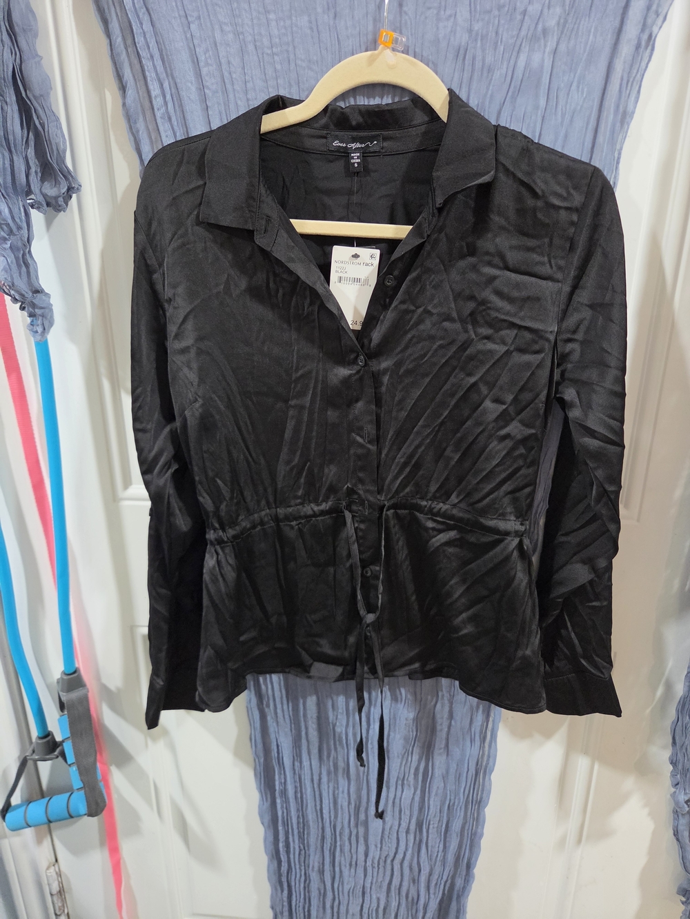 Women's Black Button-Front Drawstring Waist Shirt